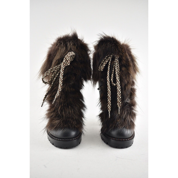 Christian Louboutin Fanny 70 Black Brown Fur Leather Tie Heel Combat Boot 34 - Picture 5 of 12